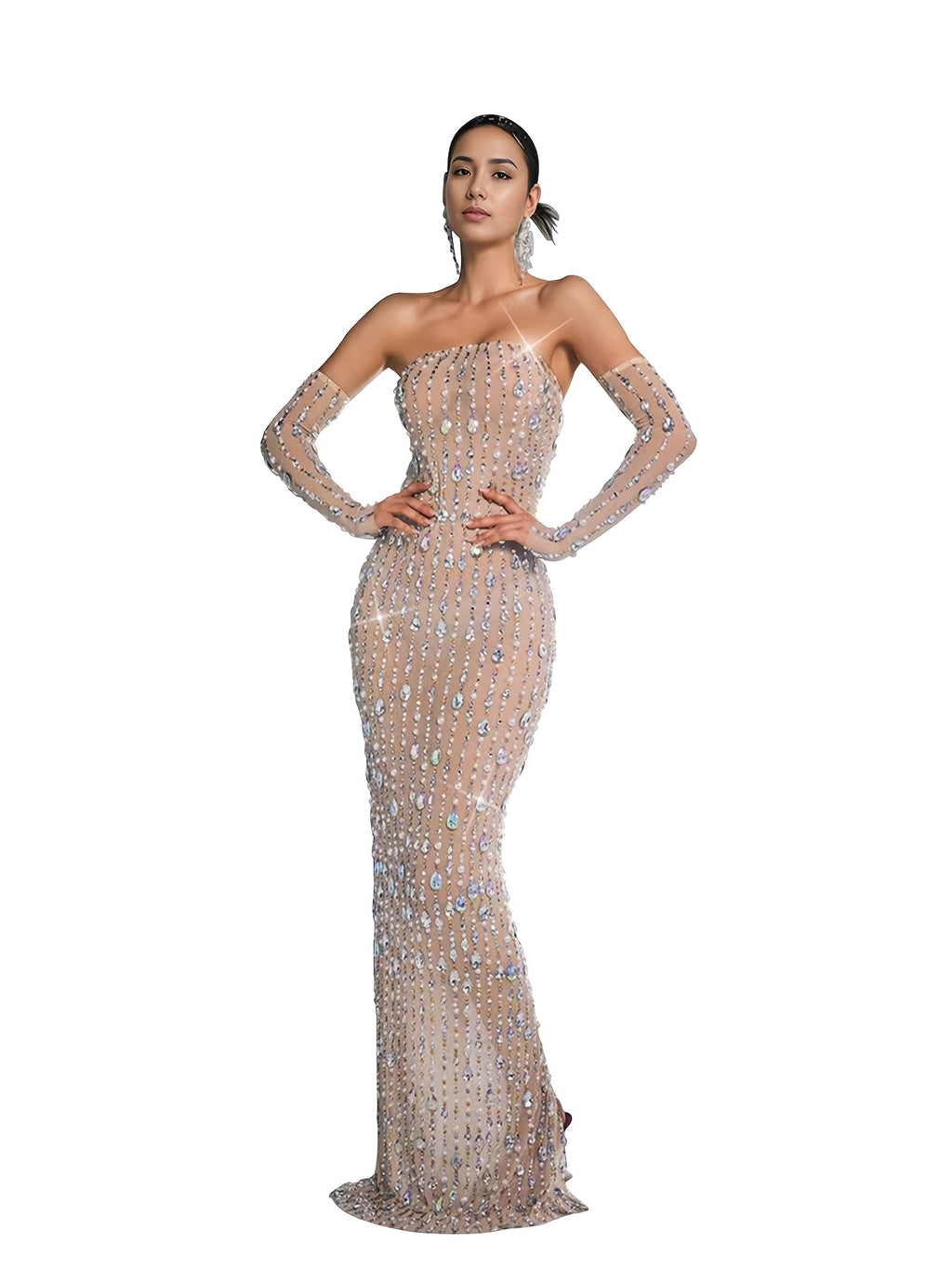 Western Fashion Mesh Hot-Stamped Straight Dress Long Dress Sparkling Irregular Rhinestone with Sleeves Panties Evening Dress Suitable for Engagement, Birthday Party, Pageant Performance - Apricot