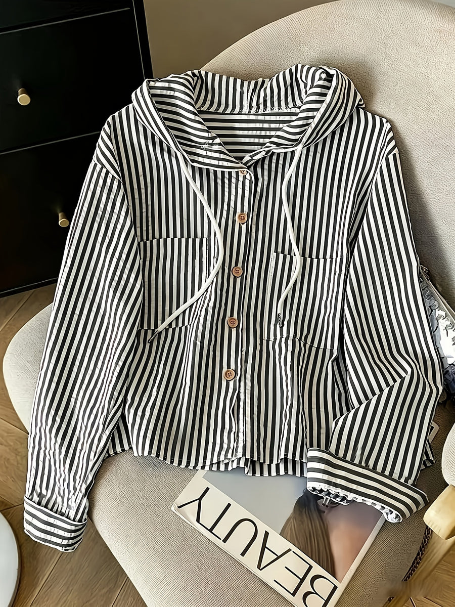 Relaxed Fit Striped Hooded Cardigan - Black