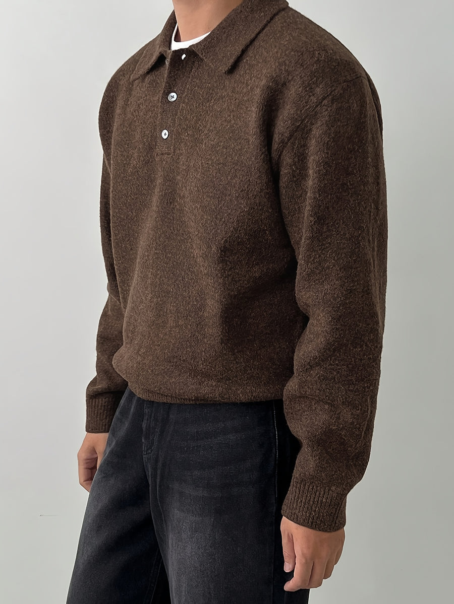 Men's POLO Collar Sweater for Autumn/Winter, Lazy-Style High-End Winter Pullover, Inner Layer Base Top, Lapel Knit Outerwear, Thick Jacket - Coffee Color