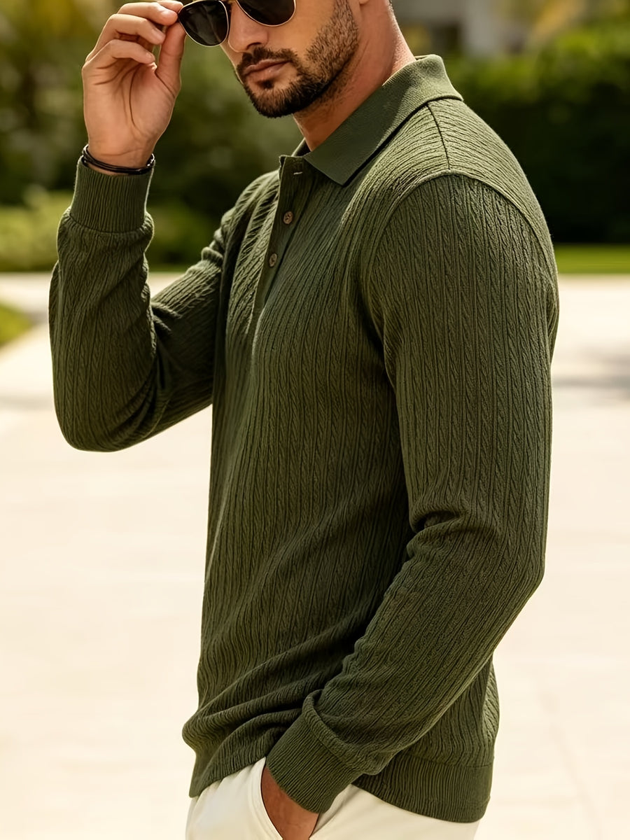 2026 New Men's Long-Sleeve Polo Shirt, Jacquard Texture Lapel Top, Casual Three-Button Knitted Business Versatile Long-Sleeve T-Shirt - Olive Green