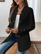 New Fashionable Solid Color Textured Double-button Decorative Pocket Long-sleeve Coat - Black