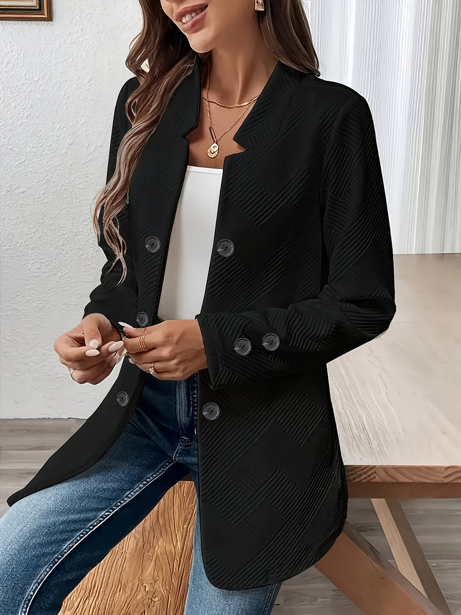 New Fashionable Solid Color Textured Double-button Decorative Pocket Long-sleeve Coat - Black