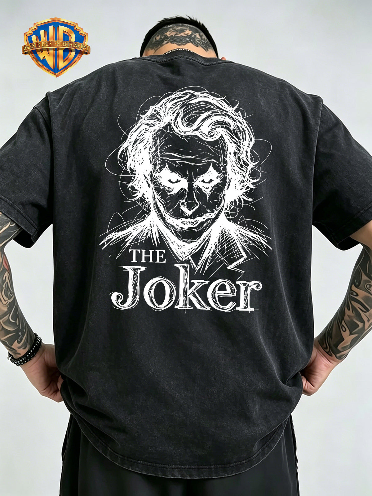 Warner Bros Official Hand-Drawn Scribble DC Joker Print Washed T-Shirt, Men's 100% Pure Cotton Fabric, Casual and Comfortable Style, Loose Fit Breathable Short Sleeve Men's Casual Top, Distressed Washed Loose Fit - Black