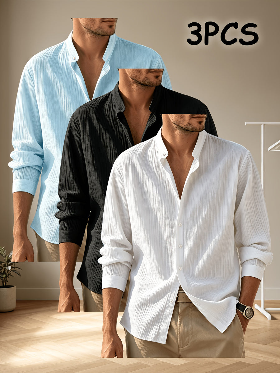 Zhiyu OBM Men's 3pcs Long Sleeve Shirt Set, Stand Collar, Draping Fabric, Multi-Color, Commuting and Casual Long Sleeve Shirt - Light Blue + Black + White