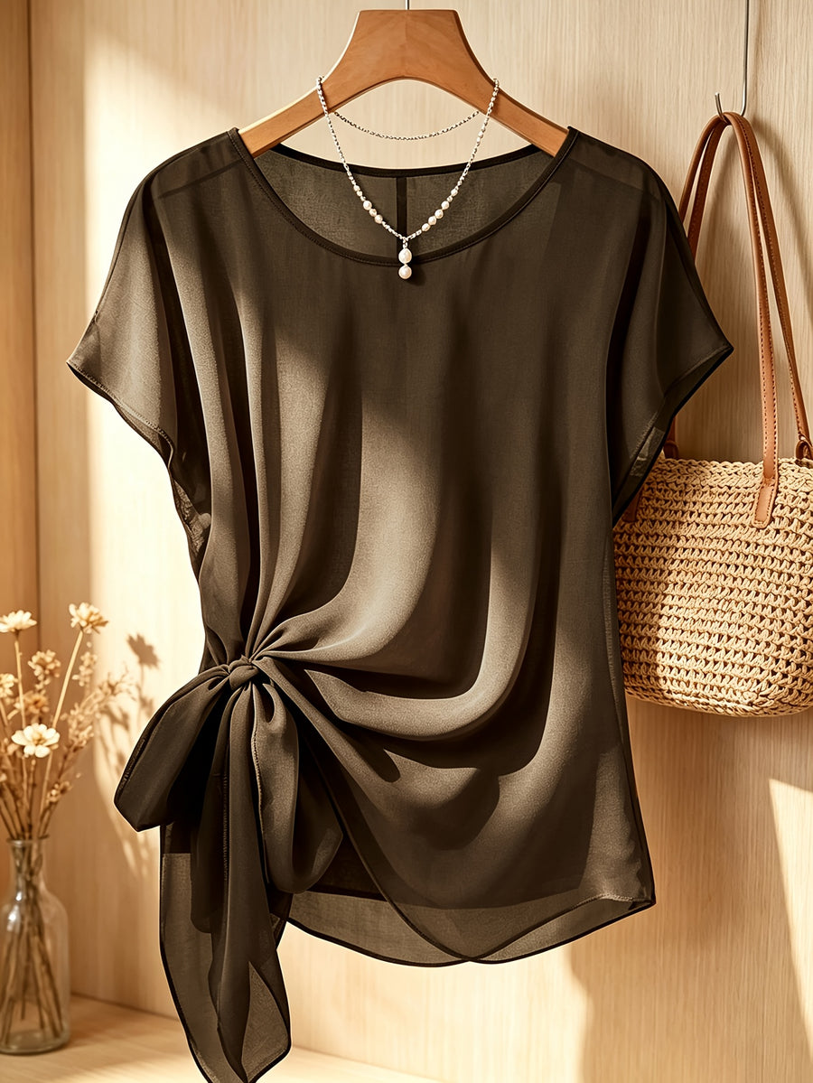 Spring Summer Women'S Fashion Ruffled Waist-Cinching Irregular Hem Temperament Elegant Style Chiffon Short Sleeve Top - Coffee Brown