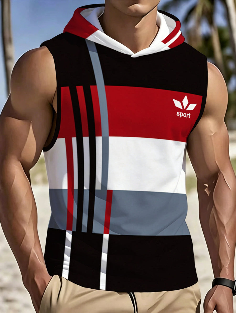 Men's Sleeveless Hooded Sports Top with Color Block Patchwork Design, Breathable and Comfortable for Daily Casual, Fitness Training, Outdoor Wear, Trendy Fashion Summer New Style Street Style for Young Students - Mixed colors