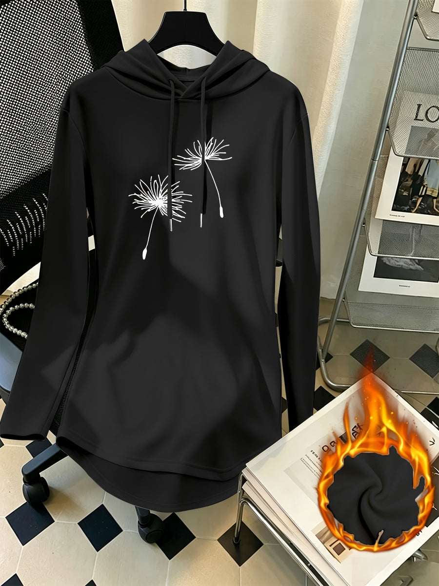 Mid-Length Hooded Sweatshirt for Women, Loose Hip-Covering Dandelion Print Drawstring Pullover Top - Black