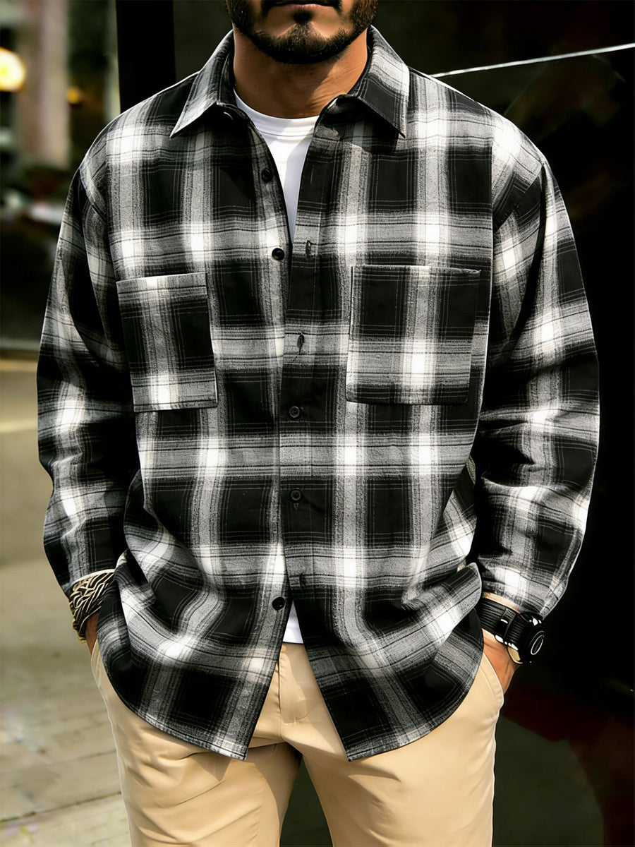 Men'S Casual Plaid Long Sleeve Shirt, Lapel Collar, Open Placket with Button Closure, Fashionable Double Pockets, Lightweight Breathable Fabric, Classic Checkered Pattern, Suitable for Spring Summer Daily Outing, Vacation, Camping, Commuting - Black And White Grid