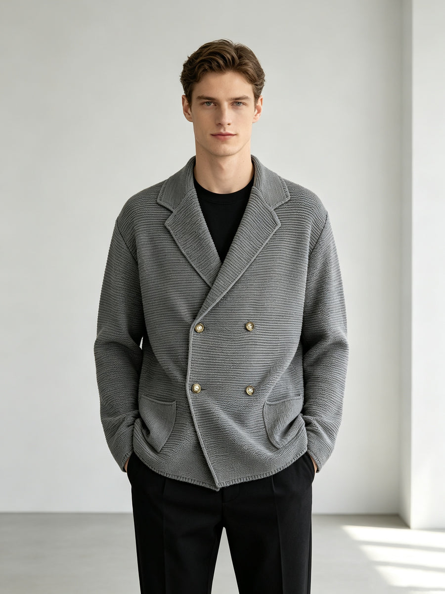 Men's New Autumn/Winter Double-Breasted Knit Jacket, Loose Fit Casual Suit-Style Top with Lapel. European/American Style Men's Notched Lapel Knit Cardigan with Double-Breasted Design, Versatile Outerwear for Spring/Autumn, Suitable for Both Commuting - Grey
