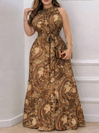 Women's Vintage Paisley Print Halter Neck High-Waist Dress with Belt - Long Beach Dress Suitable for Summer Weddings, Parties, Prom | Belted Waist & Machine Washable Elegant Dress - Mixed colors
