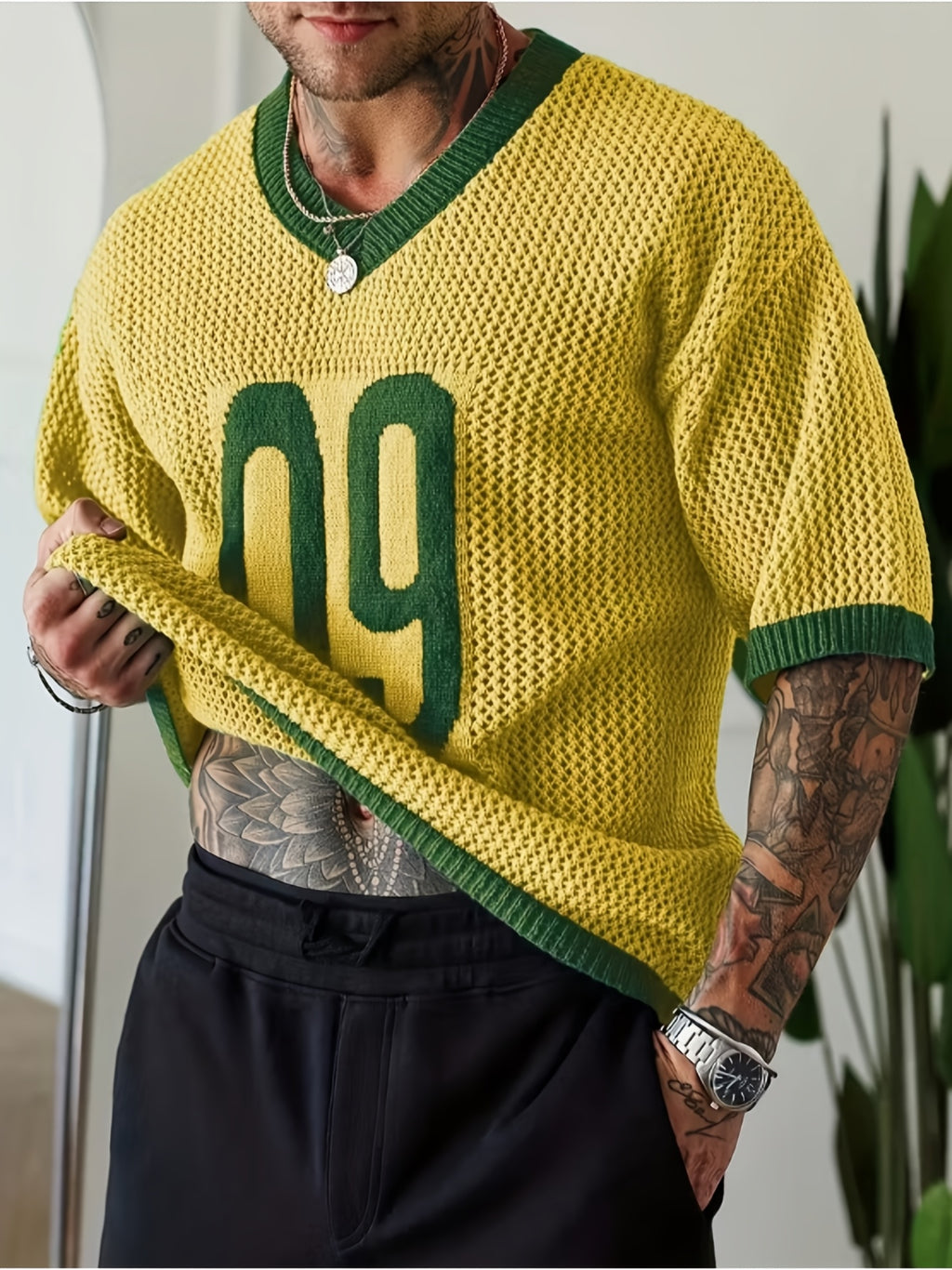 Men's Trendy Spring/summer Sporty Casual Knit Top, V-neck Color-blocked Number Design Loose Knit Pullover, Suitable for Sports and Fitness, Casual and Versatile. - Lemon Yellow