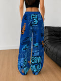 High Street Trendy Women'S Casual Athletic Pants, Full Width Blue Graffiti Font, Drawstring High Waist, Loose Floor-Length Casual Trousers. Printed Design – Not Textured - Mixed colors