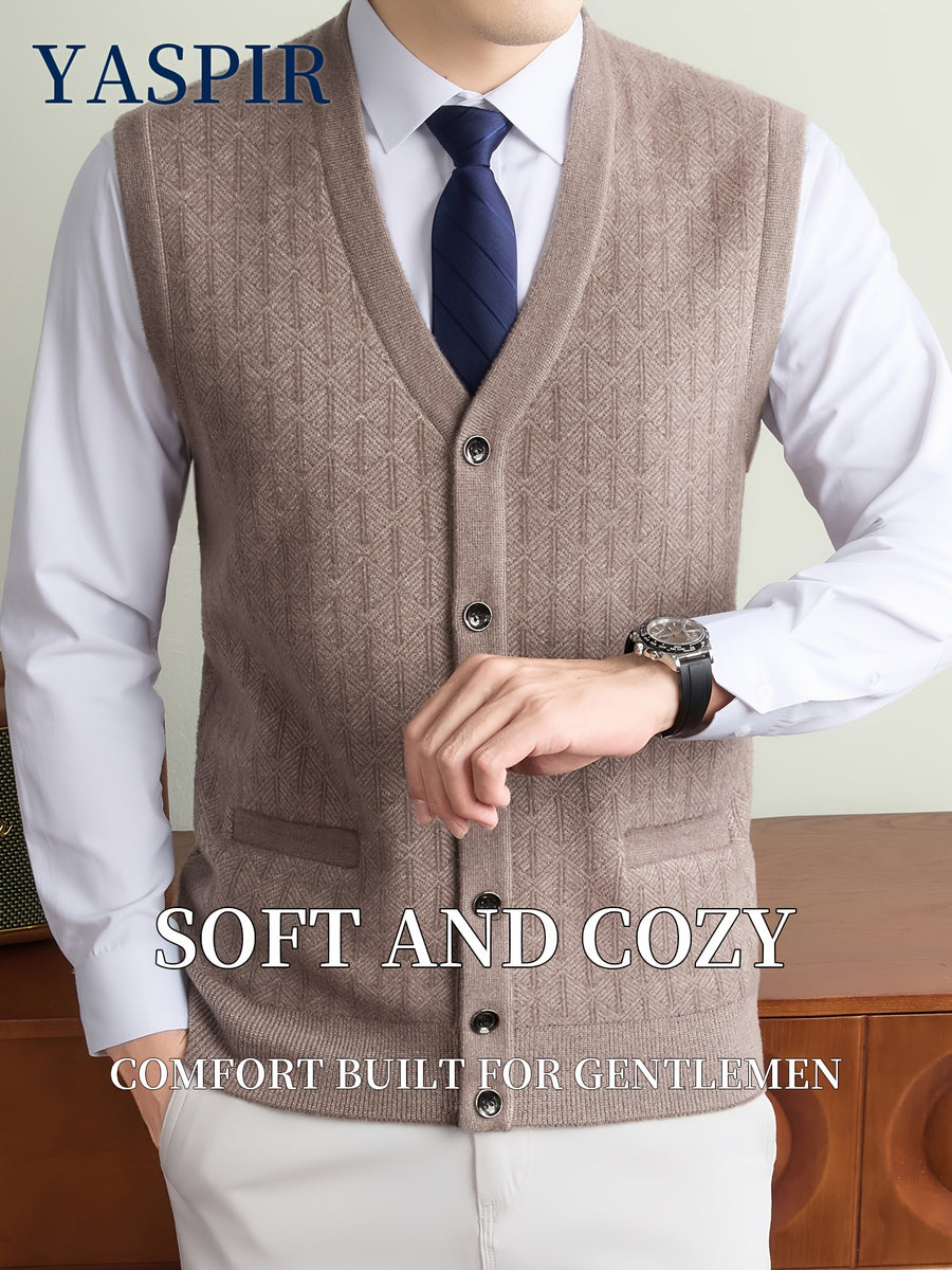 Men'S Fall Winter Knit Cardigan Vest with Pockets, Old Money Style, Soft Warm Cold-Resistant, Ideal for Daily Casual, Outdoor Activities & Casual Layering, Perfect Gift for Father And Husband - Camel