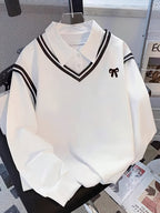 Ladies' Elegant Fashion Bow Print Striped Splicing Sweatshirt - White