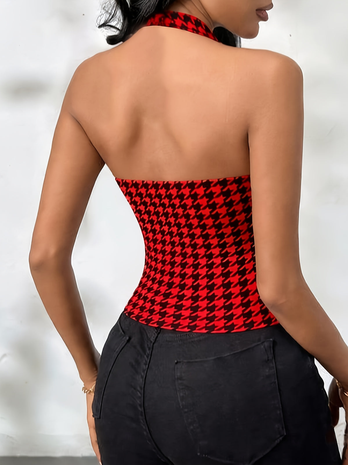 Houndstooth Print Women's Slim-fit Halter Top - Black/red Grid