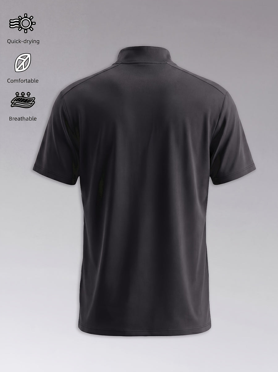 Men'S Stand-Up Collar Fitness Sweatshirt, 1/4 Half-Zipper Short Sleeve, Quick-Dry Breathable Slim Fit, Suitable for Cycling, Running, Gym Training - Black