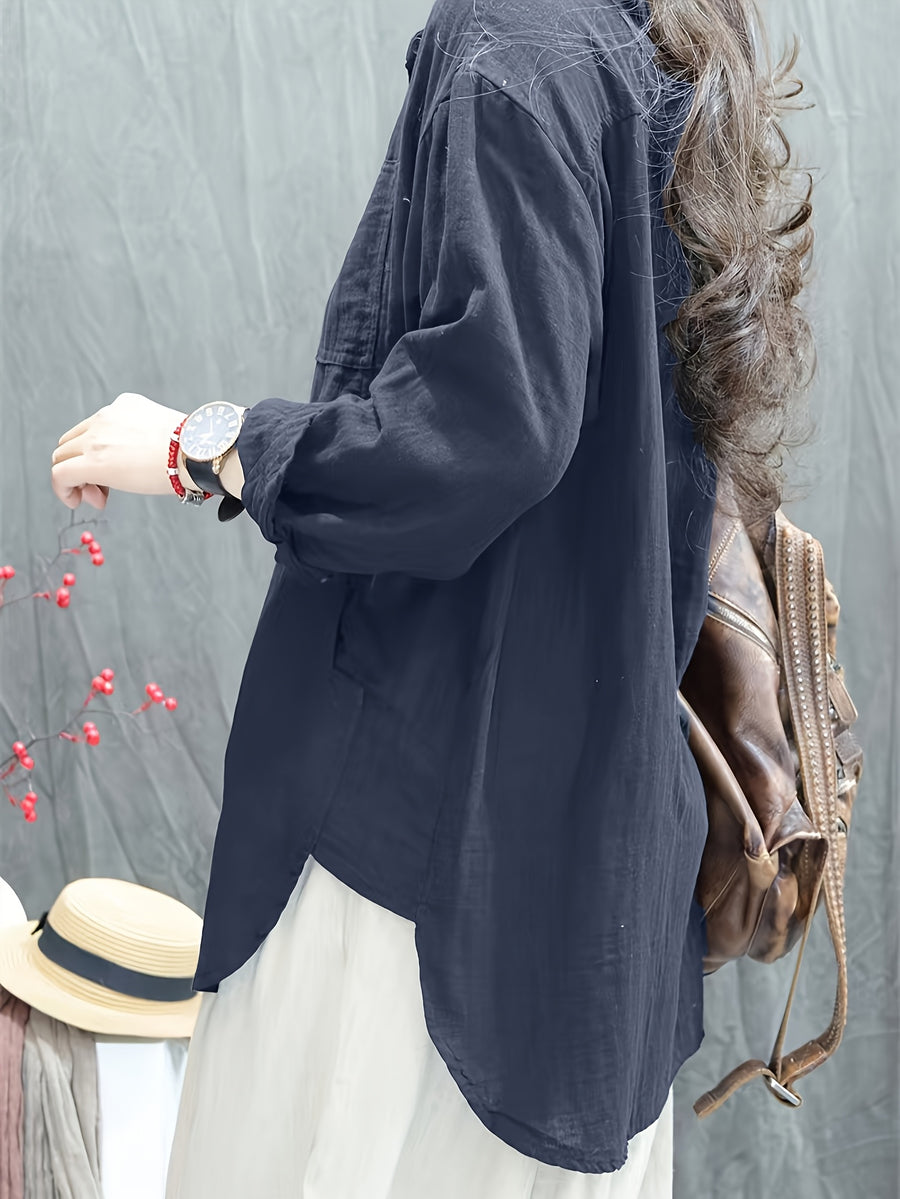 2025 Spring/Autumn New Style Loose All-Match Casual Solid Color Long Sleeve Shirt Women'S Retro Commute Street Style - Navy Color