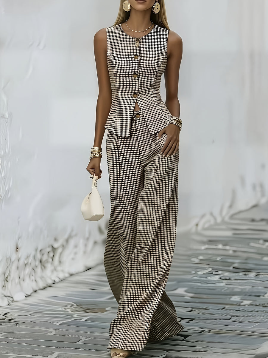 2026 Trendy Retro Plaid Sleeveless Suit Jacket And Long Pants Set, High-Waist Button Detail Fashionable Versatile Two-Piece Suit, Suitable for Casual Vacation Wear, Elegant Temperament Spring Summer Suit, Commuter Style, Music Festival Attire, YYTT - Coffee Color