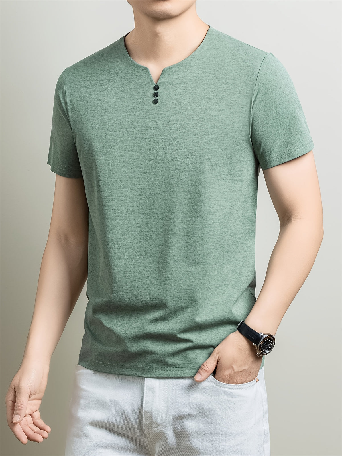 [Qiaoximei OBM] Summer New Men'S Henley Shirt, Collarless Solid Color Top, Faux Button Decoration, Golf Casual Wear, Suitable for Outings And Casual Wear, Men'S Gift - Olive Green