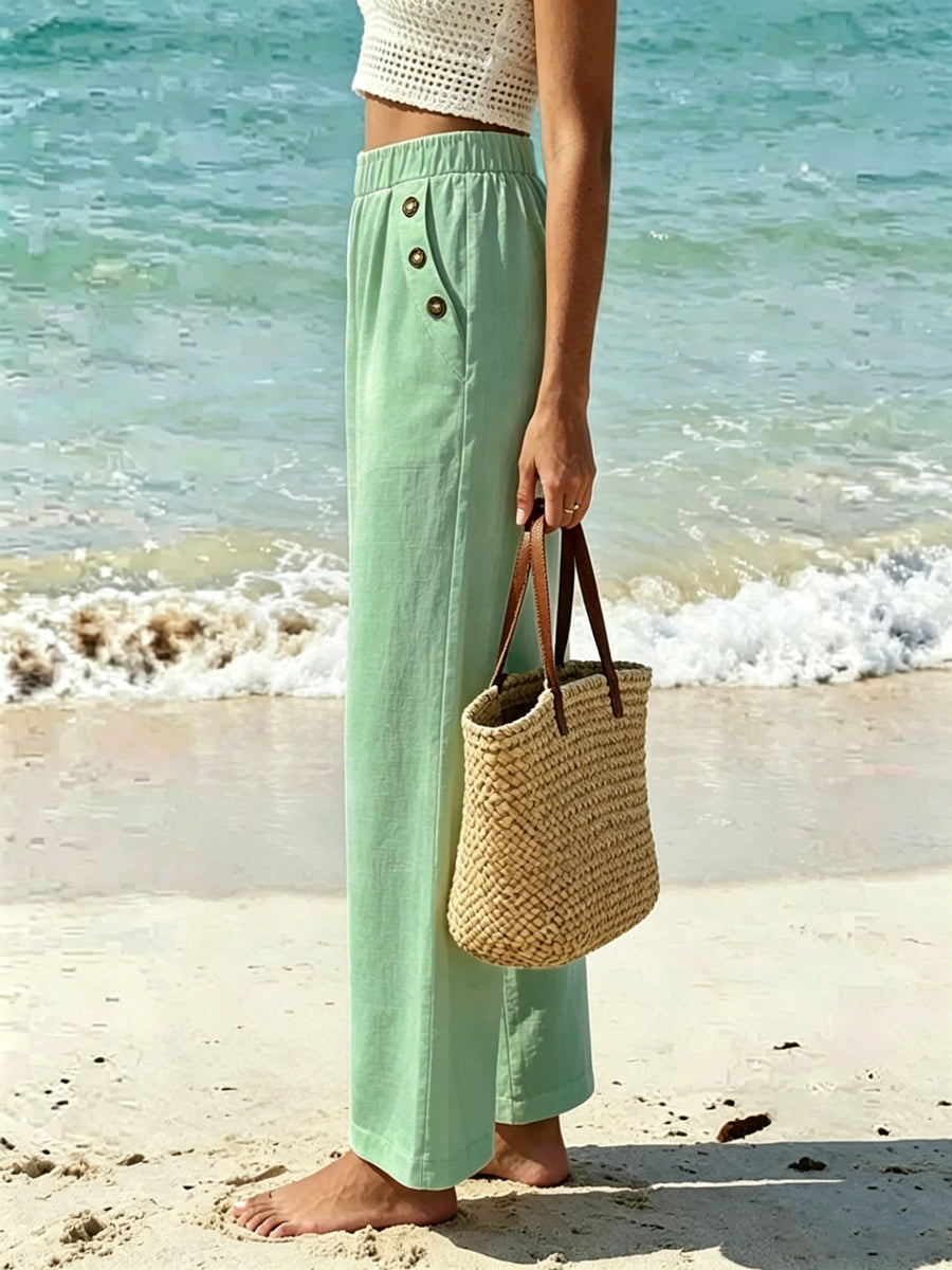 New Beautiful Women'S Elegant Solid Color Long Pants, with Elastic Waist And Pockets, Suitable for Commuting, Vacation, Street Fashion, Casual Afternoon Tea, And Daily Wear, Fashionable And Elegant Style - Light Green