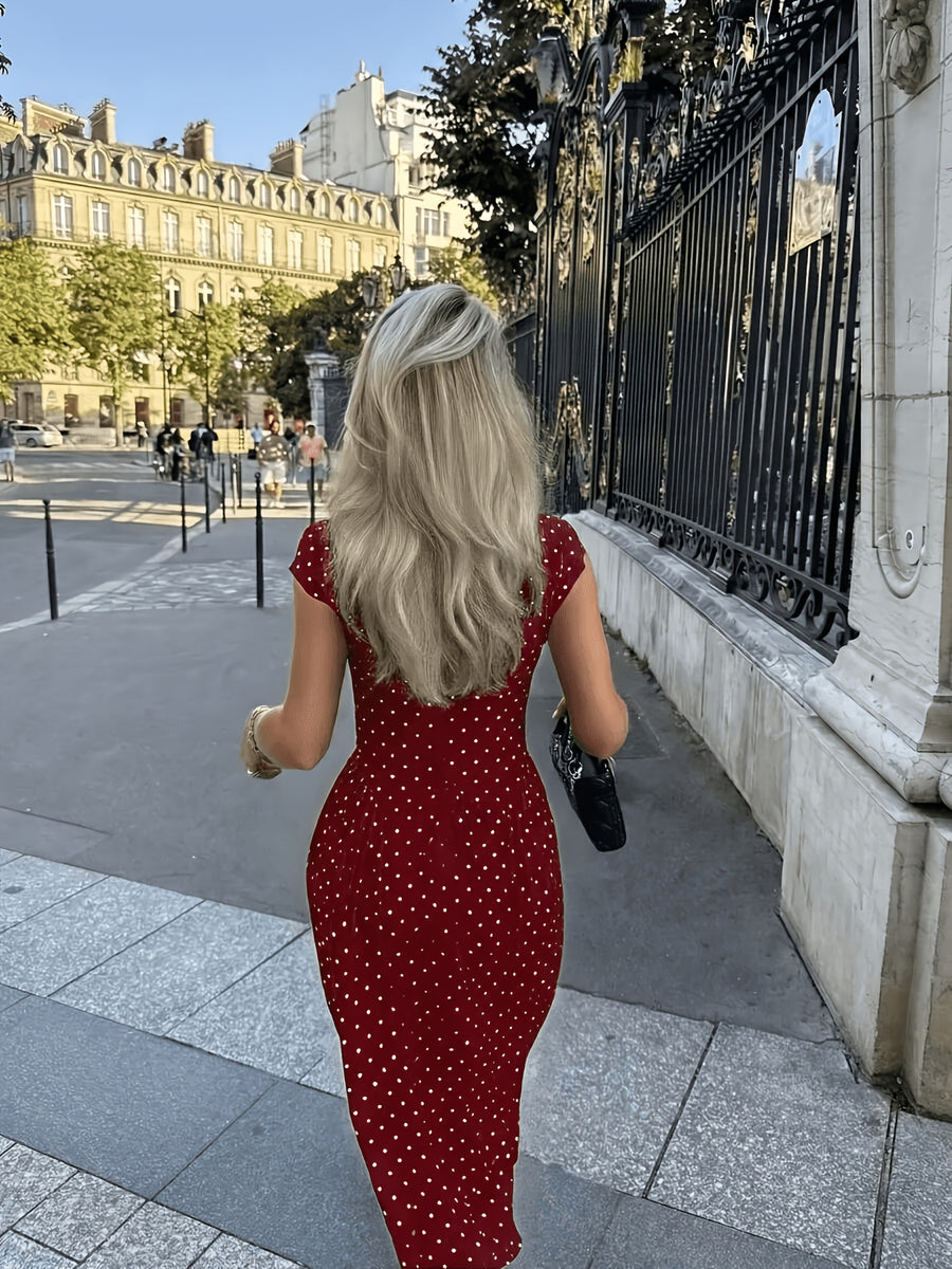 New Women's Polka Dot Maxi Dress, Waist-Cinching Style, Elegant French-Style Dress - Burgundy