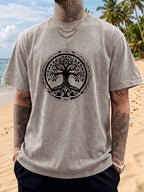 Short Sleeve T-Shirt Men'S Loose Washed Distressed Tree of Life Round Totem Trendy Double-Sided Print 12 Colors Random Match American Street High Street Hip-Hop Top Casual Outing Commuting Sports Fitness Couple Style Statement Y2K National Trend Sho - Apricot