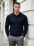 Men'S Business Light Luxury Style Lapel Honeycomb Texture Knit Polo Shirt, Soft Skin-Friendly Knit Fabric, 3D Honeycomb Texture Premium Texture, Slimming And Non-Tight, Long Sleeve Design Easy And Atmospheric Without Extra Logo - Navy Color