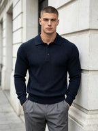 Men'S Business Light Luxury Style Lapel Honeycomb Texture Knit Polo Shirt, Soft Skin-Friendly Knit Fabric, 3D Honeycomb Texture Premium Texture, Slimming And Non-Tight, Long Sleeve Design Easy And Atmospheric Without Extra Logo - Navy Color