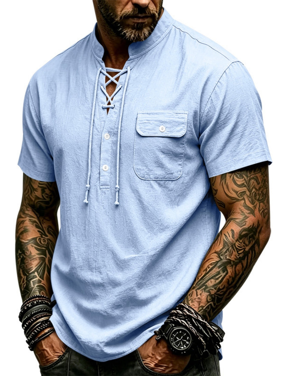 Men's Vintage Medieval Henley Shirt - Short Sleeve Mandarin Collar Cross Drawstring Blouse | Loose Fit Linen Look Top | Suitable for Casual Vacation, Outdoor & Casual Attire, Multi-Color Options - Light Blue