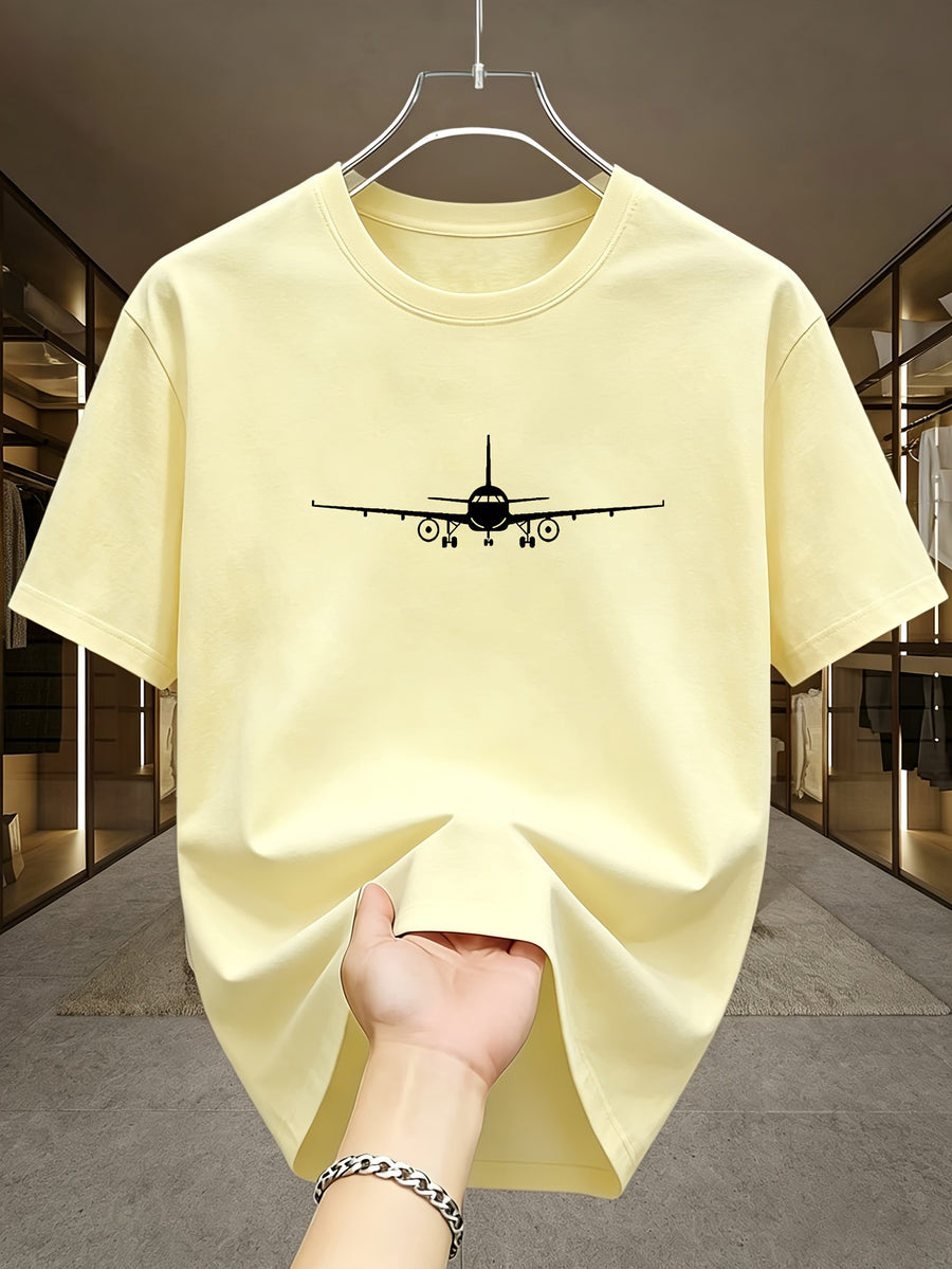 Minimalist Light Luxury Style Line Airplane White Label Print Casual Business Men'S T-Shirt, Daily Commute - Apricot