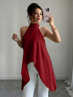 Spring Summer Elegant Fashion Design Halter Tie-Back Blouse - Burgundy