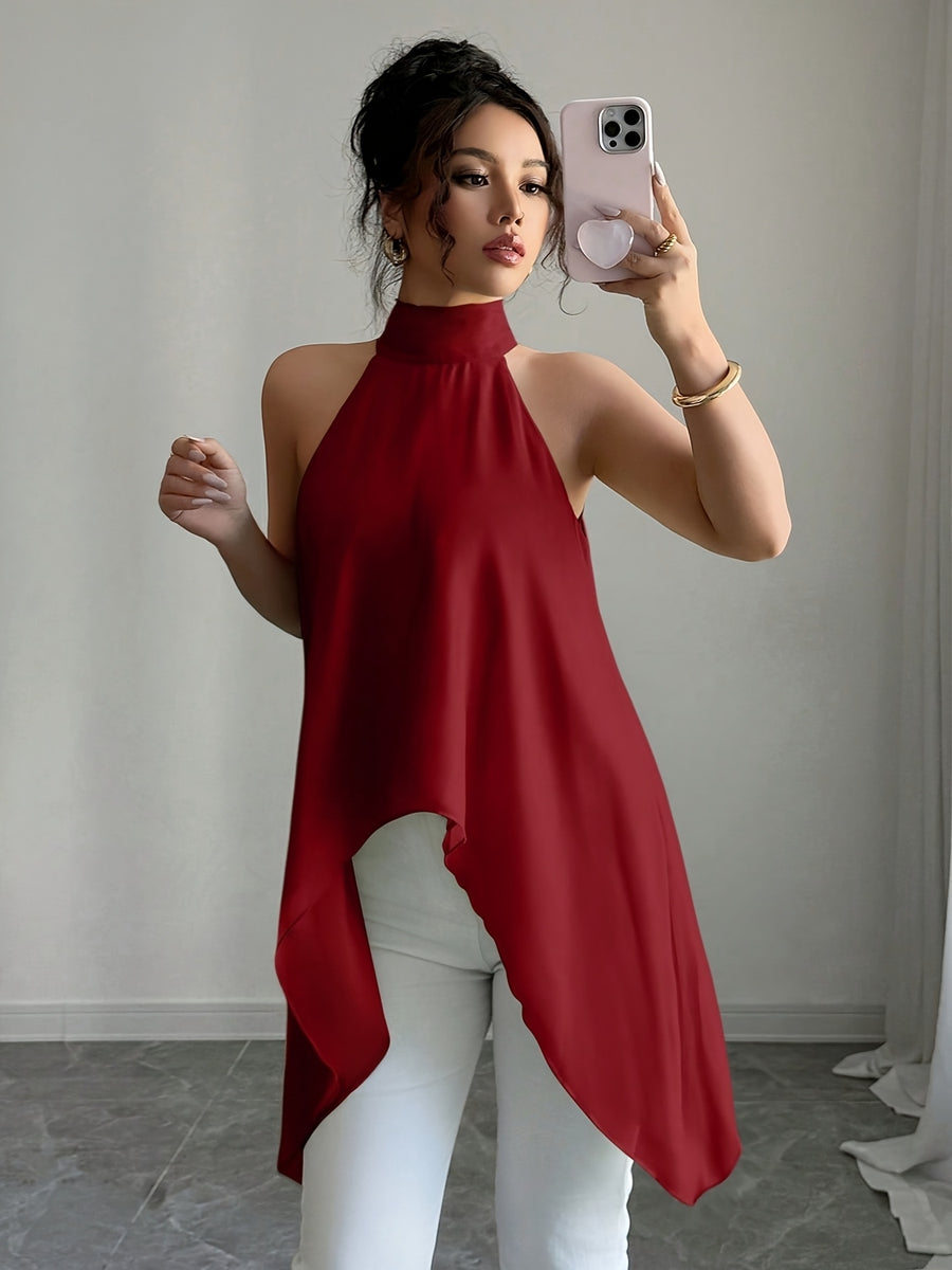 Spring Summer Elegant Fashion Design Halter Tie-Back Blouse - Burgundy