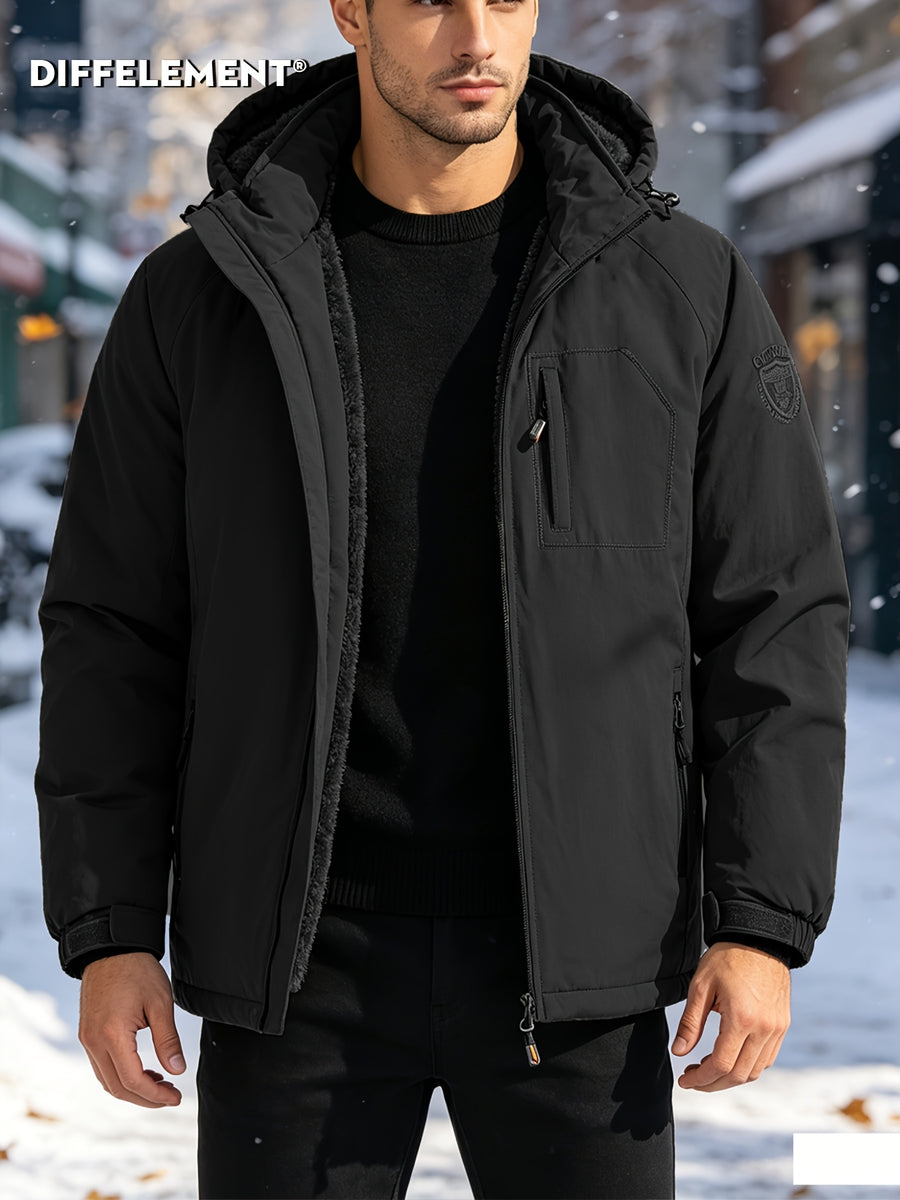 Men'S Fleece-Lined Hooded Winter Jacket, Thermal Warm Windproof Cold-Resistant Coat, Regular Fit Adjustable Hood Outerwear for Snow Skiing, Hiking, Daily Winter Commute with Multi-Zipper Pockets, Adjustable Cuffs & Embroidered Badge Logo - Black