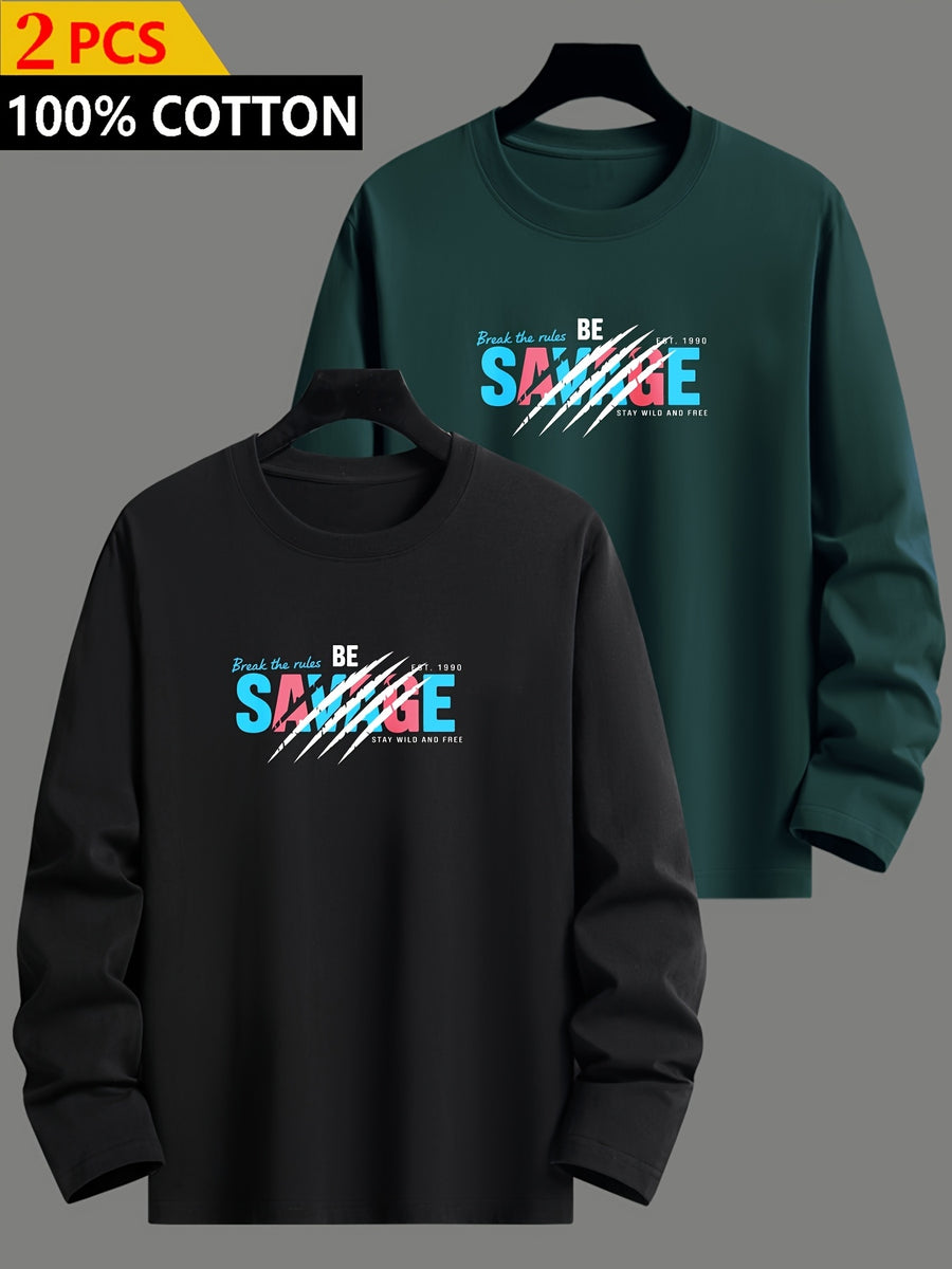 2pcs, 100% Cotton, Men's Heavyweight Long-Sleeve T-Shirt - Soft Breathable Crew Neck Casual Daily Wear, Beige Spring/Autumn Loungewear, Machine Washable - Mixed Colors 8
