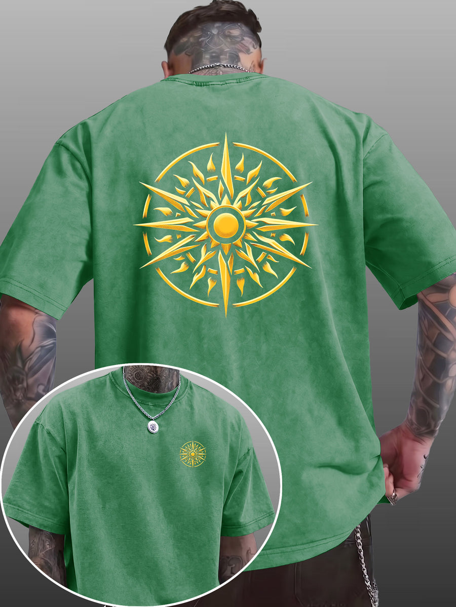 Men's Short-Sleeve T-Shirt, Pure Cotton Loose Fit Washed Distressed Top, Golden Compass Sun Pattern Trendy Reversible Double-Sided Print, Multiple Colors for Mix & Match, American Streetwear High Street Hip-Hop Style, for Daily Outings - Green