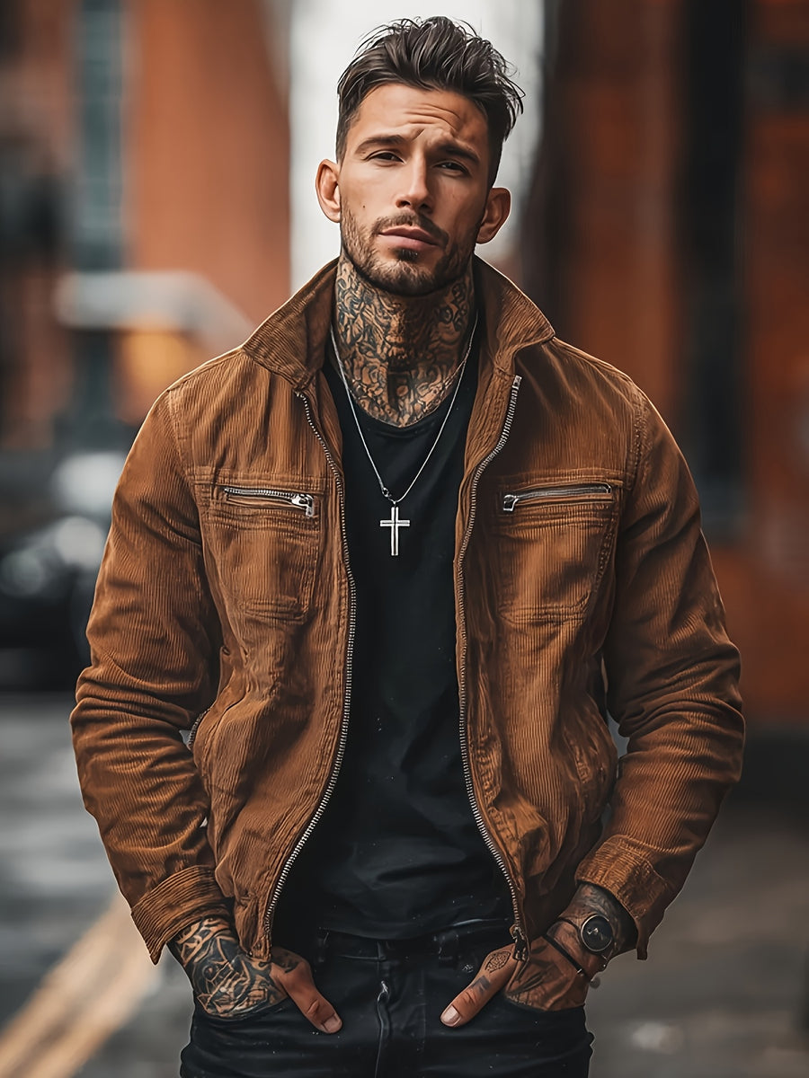 Men's Casual Long Sleeve Shirt Autumn Winter Solid Color Corduroy Zip-Up Jacket Vintage Style Top - pumpkin orange