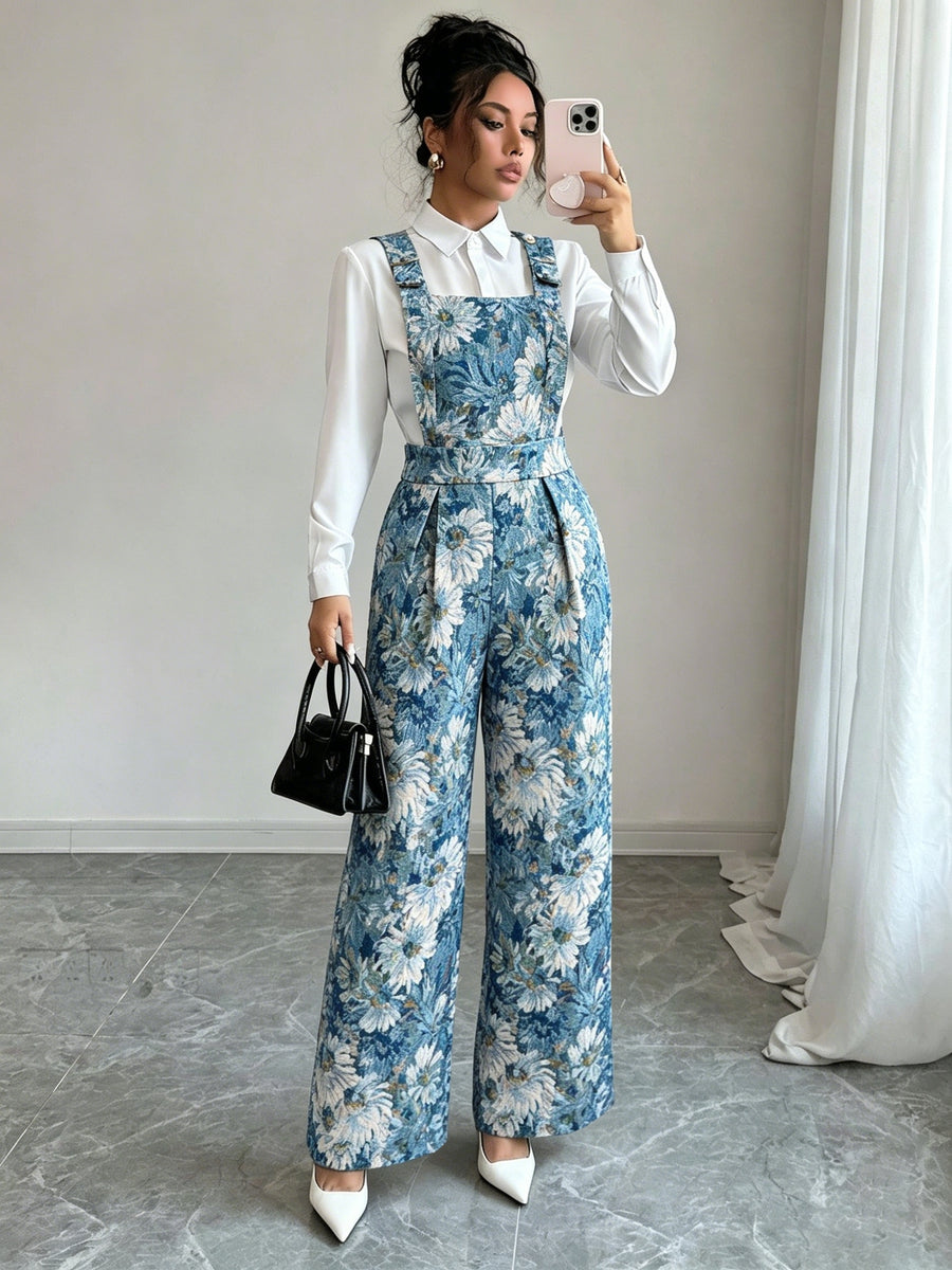 Women'S Casual Fashion Commute Elegant Jacquard Oil Painting Floral Color- Loose Long Trousers Overalls Autumn Winter - Peacock Blue