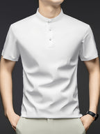 Summer Short-Sleeve T-Shirt for Men, Featuring a Solid Color, Breathable Fabric, And a Small Stand-Up Collar - White