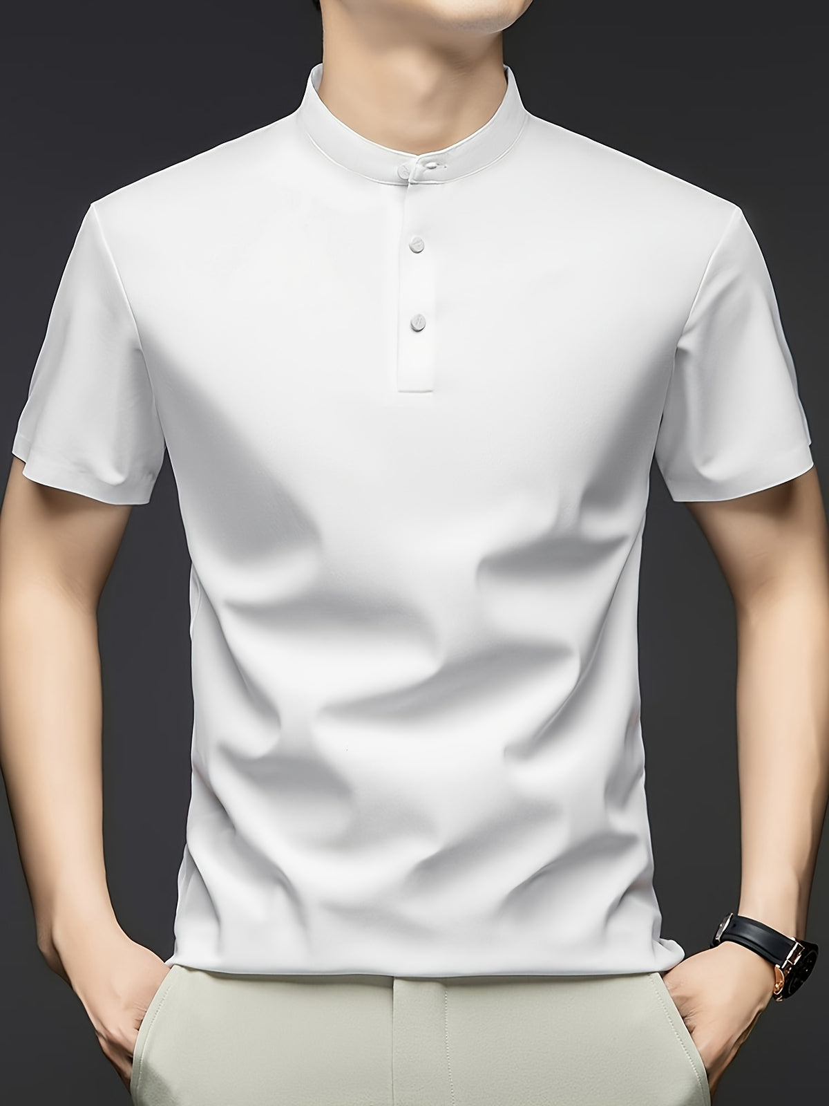 Summer Short-Sleeve T-Shirt for Men, Featuring a Solid Color, Breathable Fabric, And a Small Stand-Up Collar - White