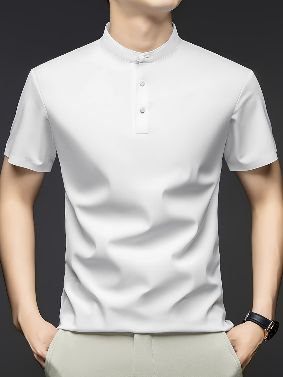 Summer Short-Sleeve T-Shirt for Men, Featuring a Solid Color, Breathable Fabric, And a Small Stand-Up Collar - White