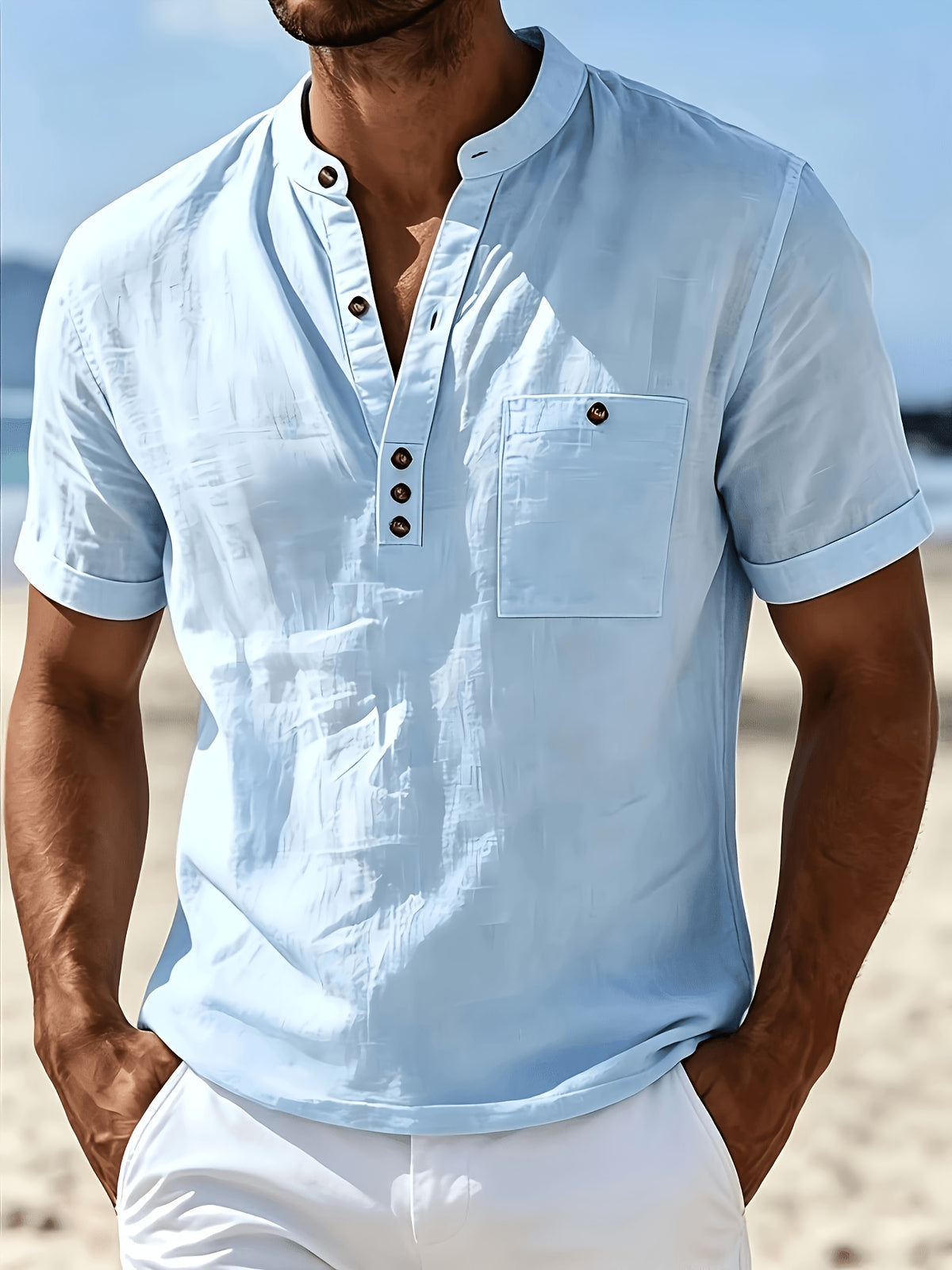 Men's Fashionable Polo Collar Breathable and Comfortable Casual Short-Sleeve Shirt - Sky Blue