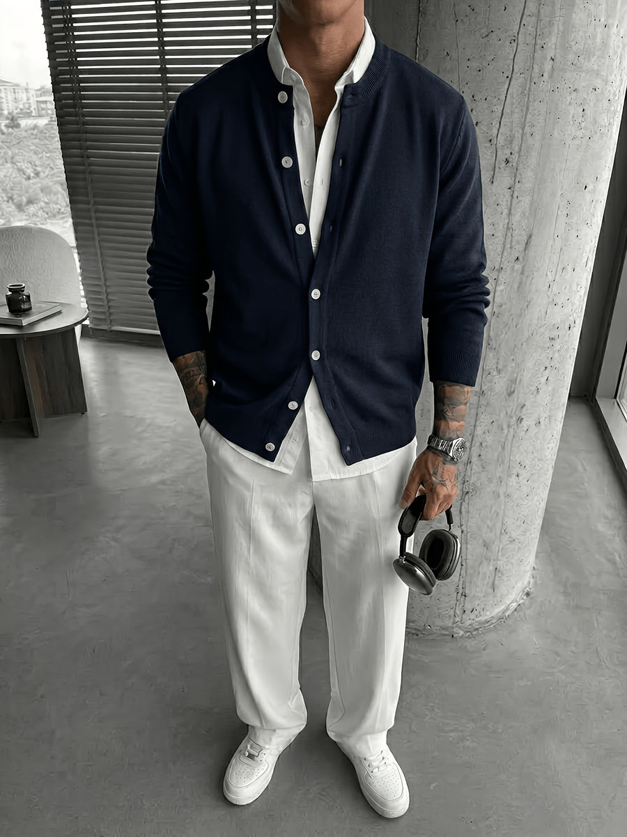 2026 Spring/Autumn New Men'S Solid Color Knit Cardigan, Casual Versatile Trendy Slimming Long Sleeve Temperament Lightly Mature Style Outerwear Top - Navy Color