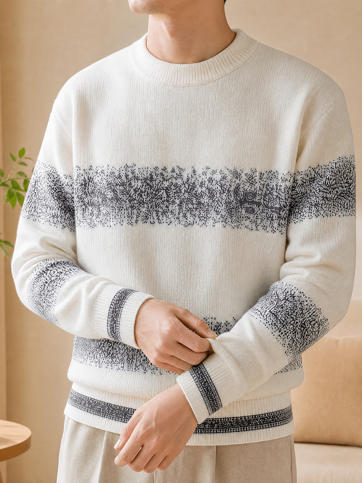 1pc Du Jing Lan OBM Men's Knit Sweater - Old Money Style Color Striped Crew Neck Sweater Suitable for Layering, Business Casual & Outdoor Wear, Warm Winter Pullover for Golf, Basketball, Running, Daily Layering (Regular Fit) - White