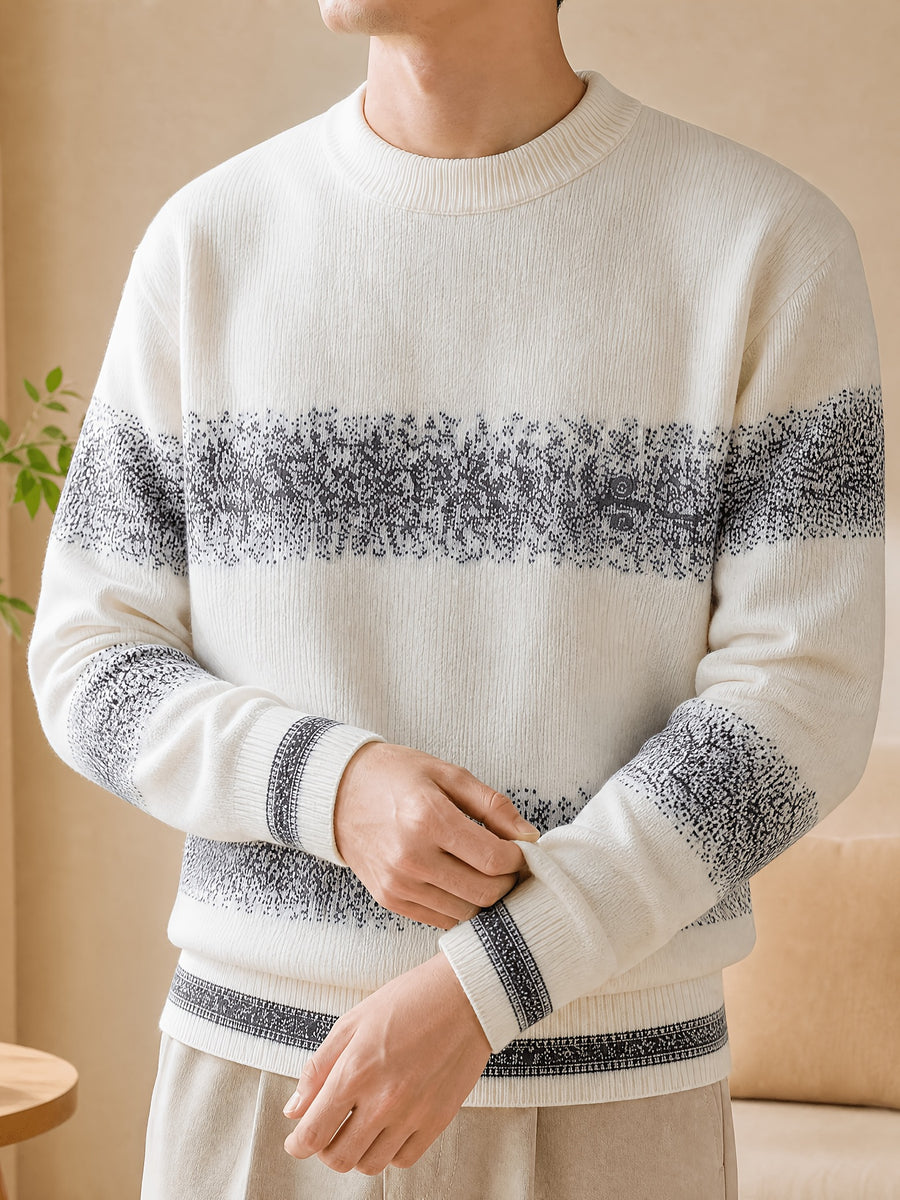 1pc Du Jing Lan OBM Men's Knit Sweater - Old Money Style Color Striped Crew Neck Sweater Suitable for Layering, Business Casual & Outdoor Wear, Warm Winter Pullover for Golf, Basketball, Running, Daily Layering (Regular Fit) - White