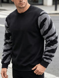 Men'S Autumn Winter Round Neck Plush Sweatshirt, Fashionable Color-Block Patchwork Design And Solid Color Style, Wrinkle-Resistant Soft Knit Fabric, Very Practical. Suitable for Students' Daily Wear on Campus, Outings, Dates, Commuting, Camping - Black