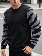 Men'S Autumn Winter Round Neck Plush Sweatshirt, Fashionable Color-Block Patchwork Design And Solid Color Style, Wrinkle-Resistant Soft Knit Fabric, Very Practical. Suitable for Students' Daily Wear on Campus, Outings, Dates, Commuting, Camping - Black