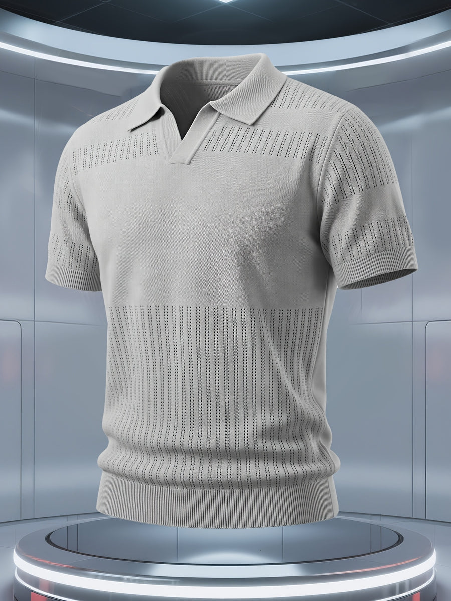 Men'S Short-Sleeve Knit Polo Shirt, American Collar, Breathable Mesh Design with Ordered Grid, Non-Sheer And Classic Look, Light Business Casual Premium Fabric, Golf Polo Top, Buttonless Collar Knit Short Sleeve - Light Grey
