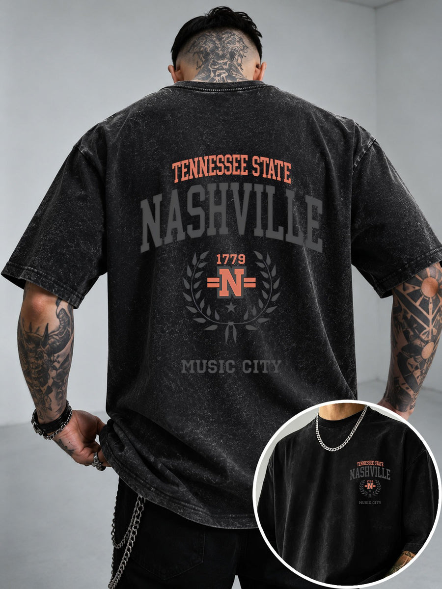 NASHVILLE Music City Text Print Men'S Vintage Washed Loose Short Sleeve T-Shirt - Black
