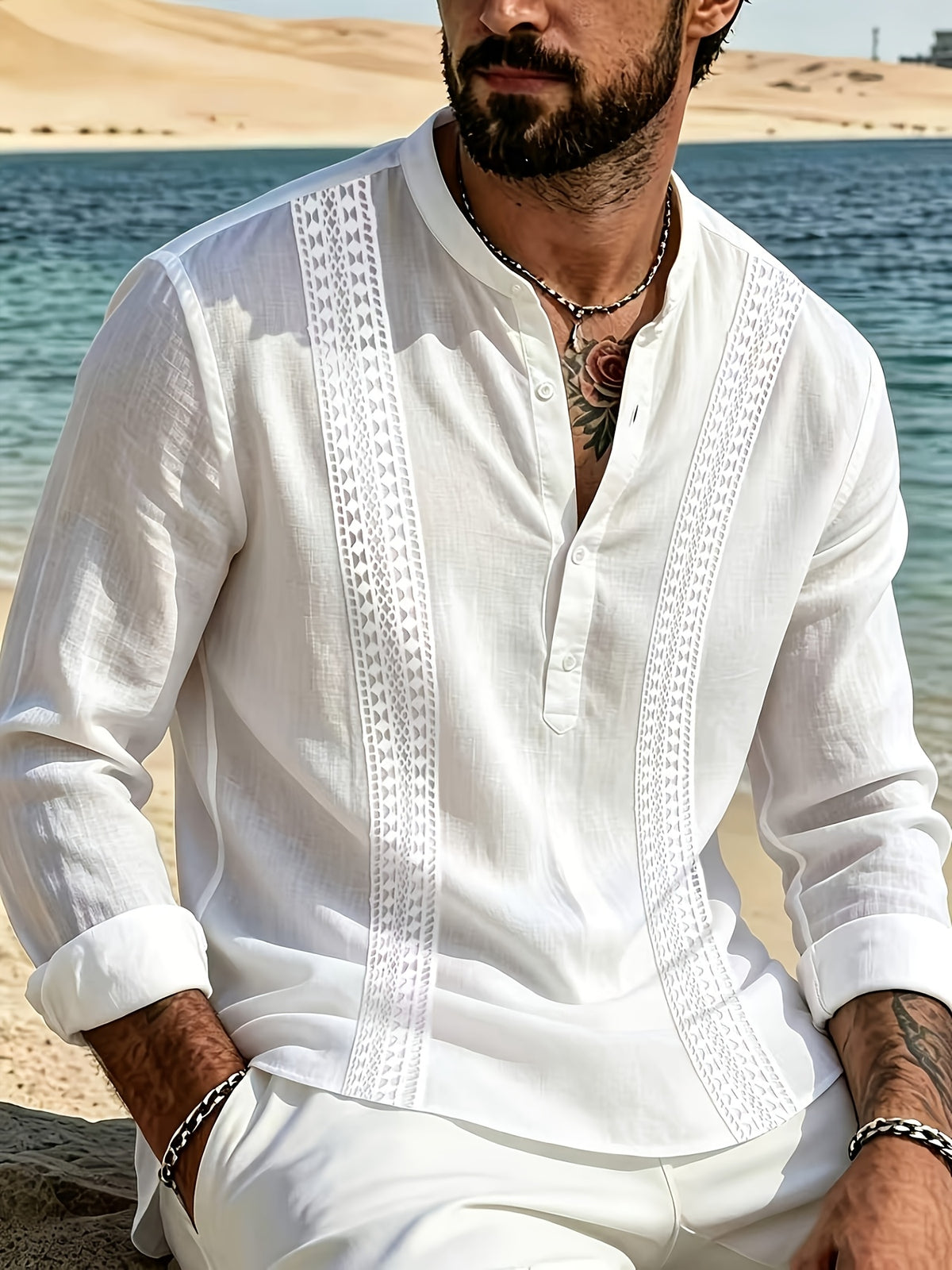 Men'S Fashion Casual Long Sleeve Henley Shirt - Hawaiian Sport Casual Long Sleeve Henley - Men'S Summer Beach Vacation Style Series - Daily Commute, Outdoor/Sports, Pool Party, Beach Vacation, Ideal Choice for Beachwear Gifts, Business Casual - White