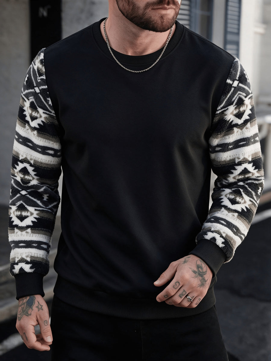 Men'S Autumn Winter Round Neck Plush Sweatshirt, Fashionable Color-Block Patchwork Design And Solid Color Style, Wrinkle-Resistant Soft Knit Fabric, Very Practical. Suitable for Students' Daily Wear on Campus, Outings, Dates, Commuting, Camping - Black